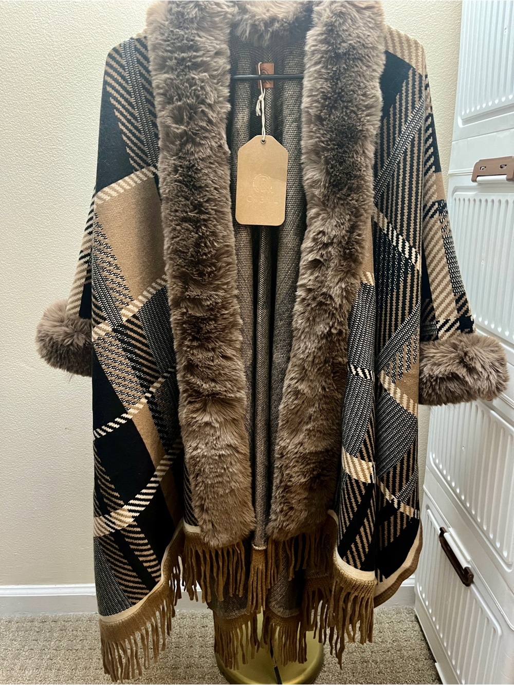 Plaid Fringe Faux-Fur Trim Open-Front Poncho - Brown